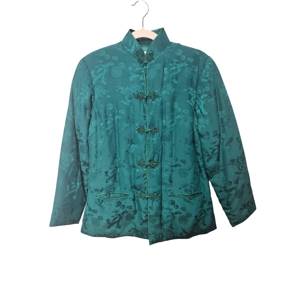Double Horse Silk Jacket Womens Small Teal Brocade Dragon Phoenix Frog Closure